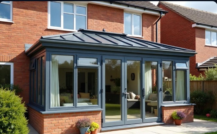 Finished conservatory spraying with dark UPVC frames
